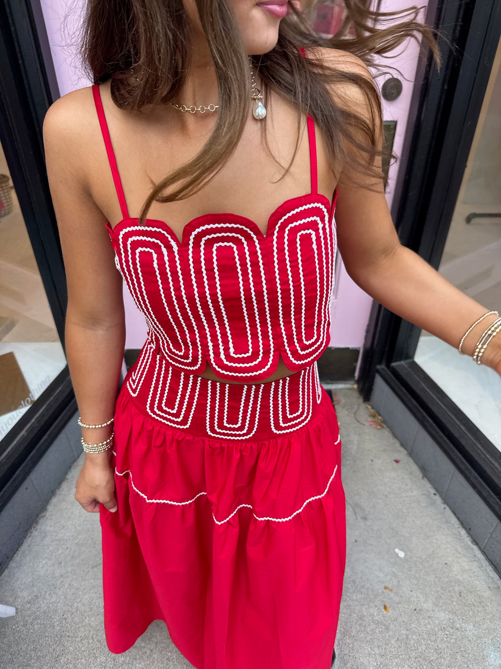 Red and White Skirt Set