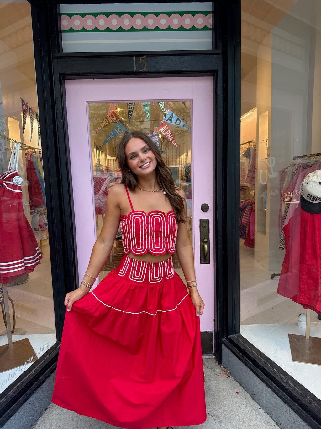 Red and White Skirt Set