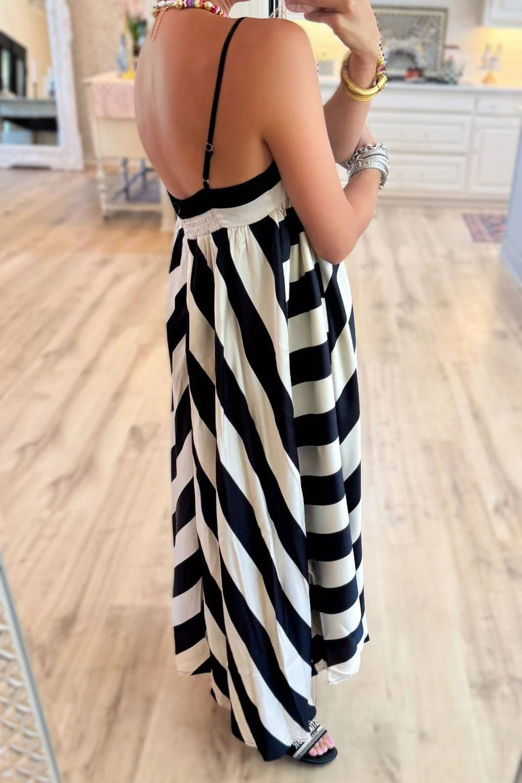 Boho Summer Chic Cream/Black Stripes Maxi Dress