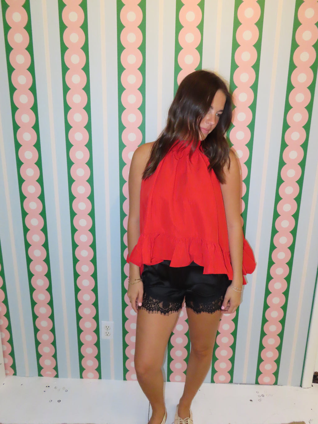 High Neck Ruffle Tie Top