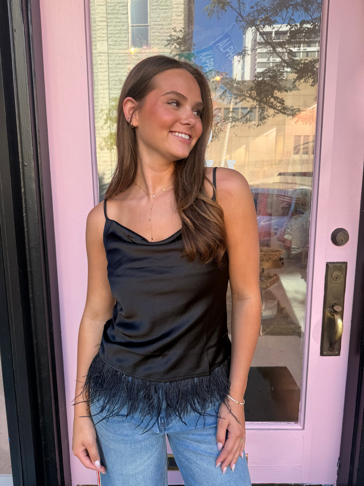 Black cami top with feather bottom