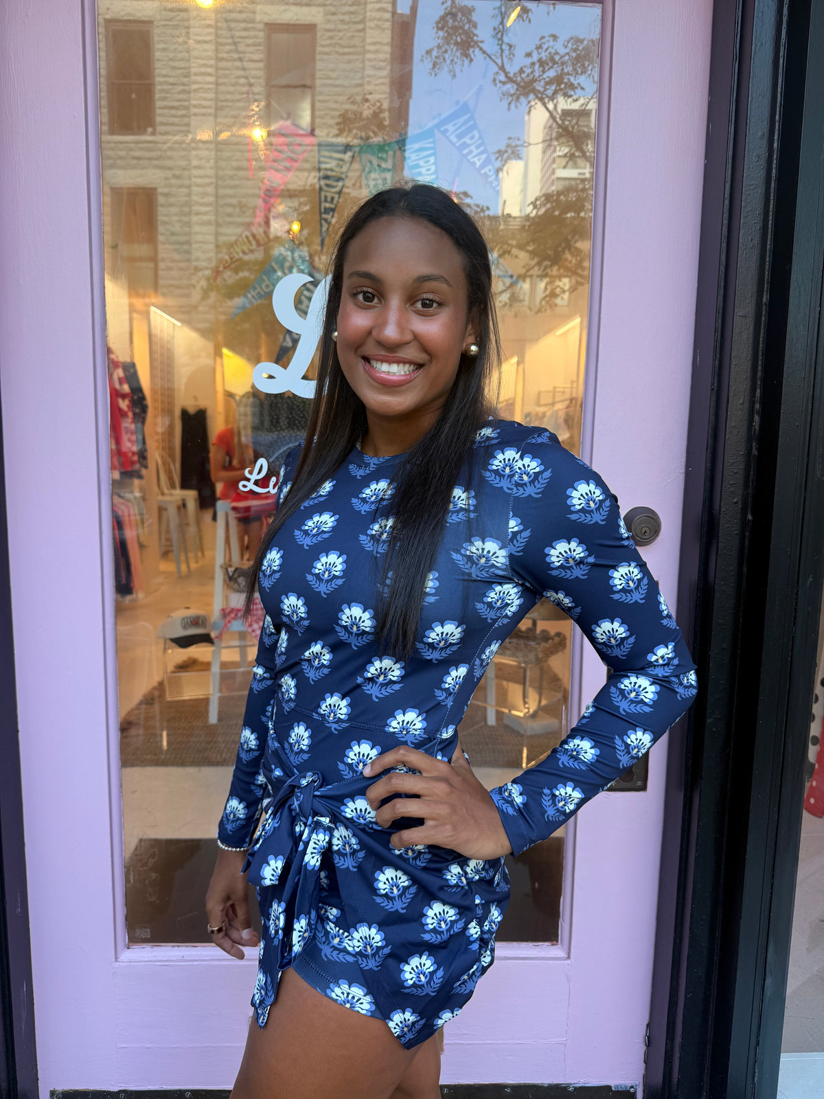 Long sleeve navy floral workout dress