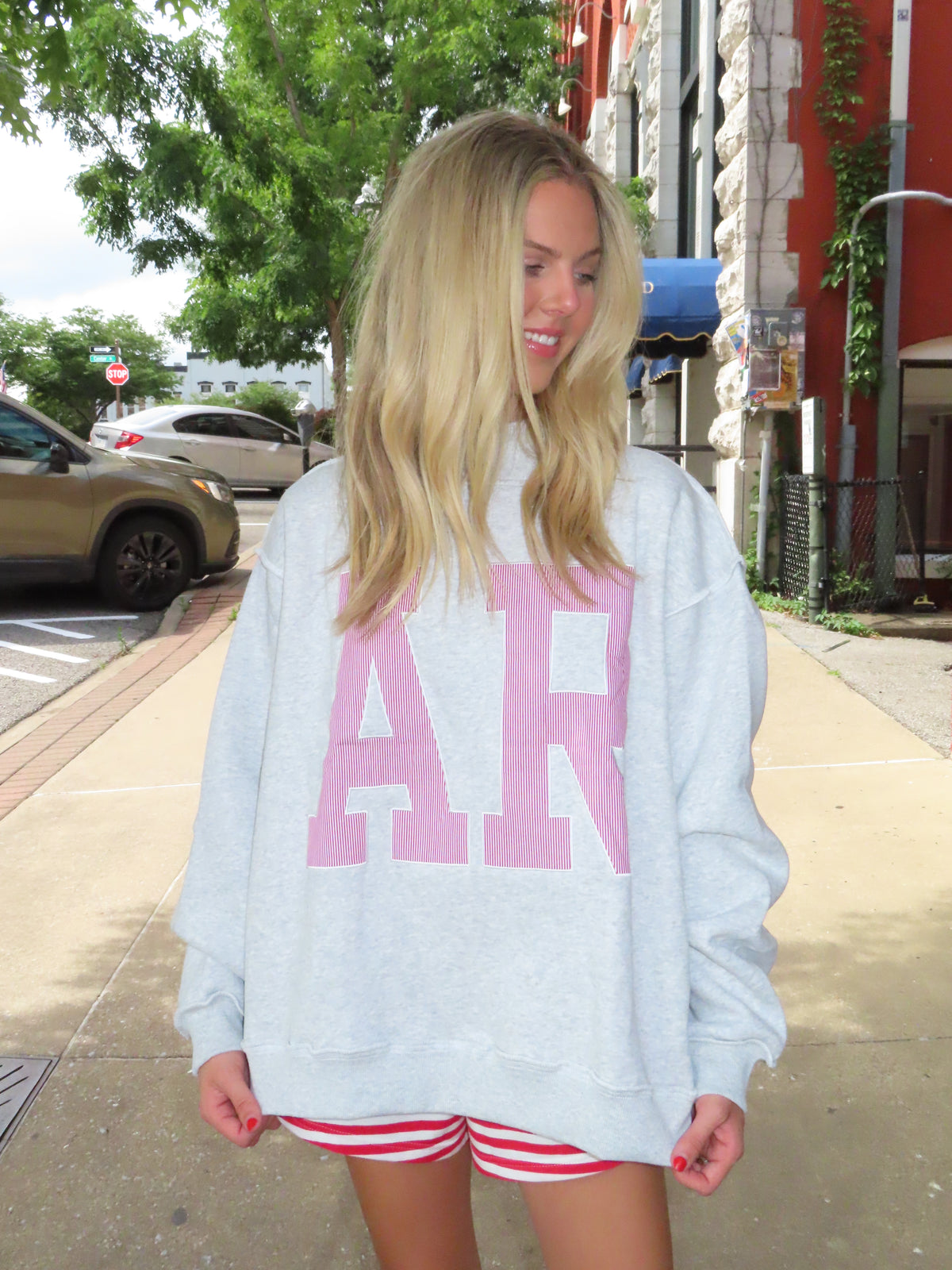 AR Red and White Stripe Grey Crewneck
