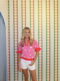 Color Block Ruffle Sleeve Floral Eyelet Top