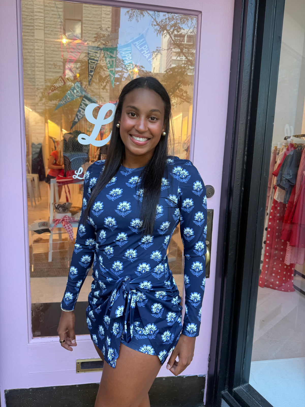 Long sleeve navy floral workout dress