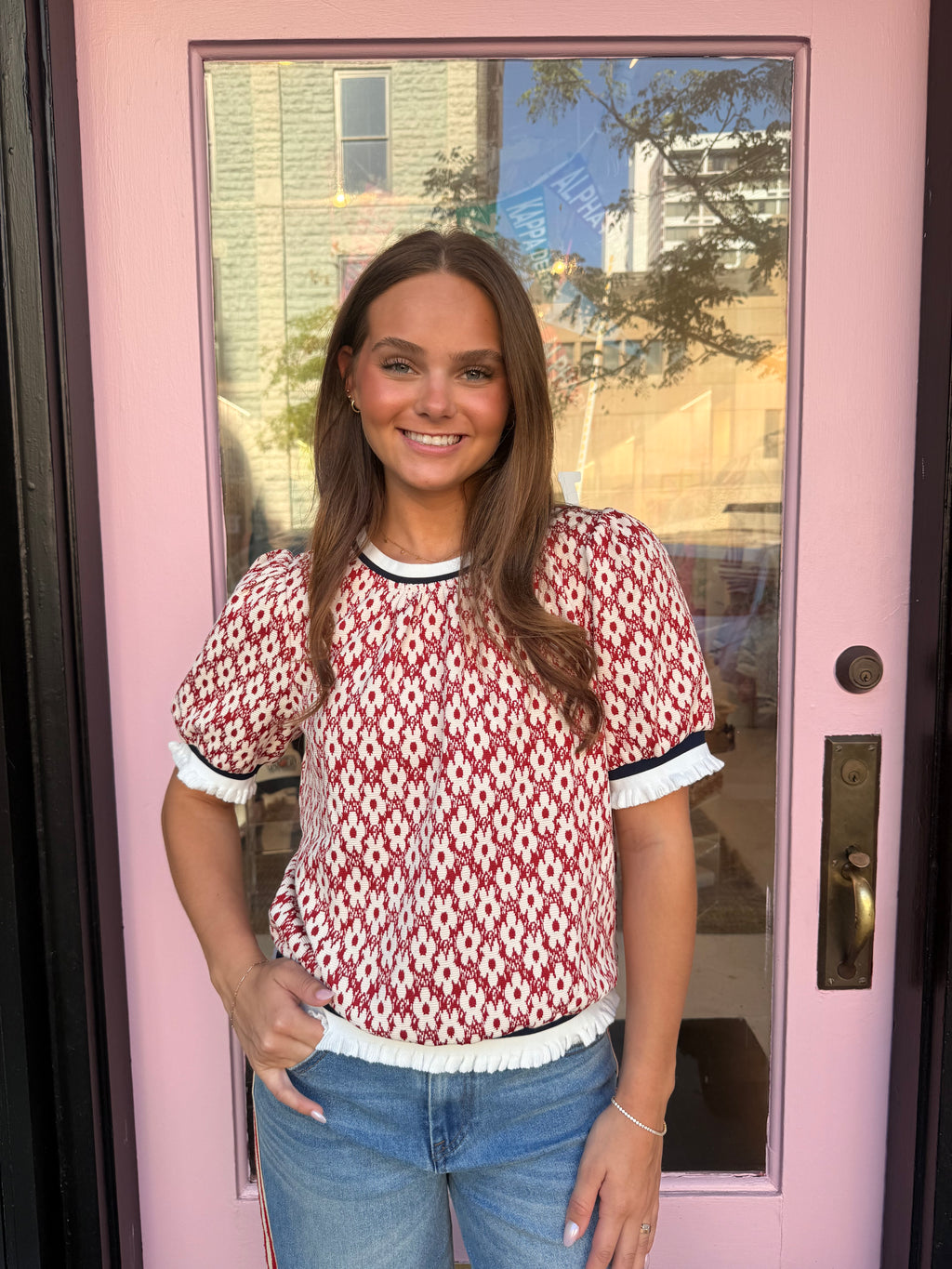 Stripe Knit Band Floral Puff Sleeve Top in Rust