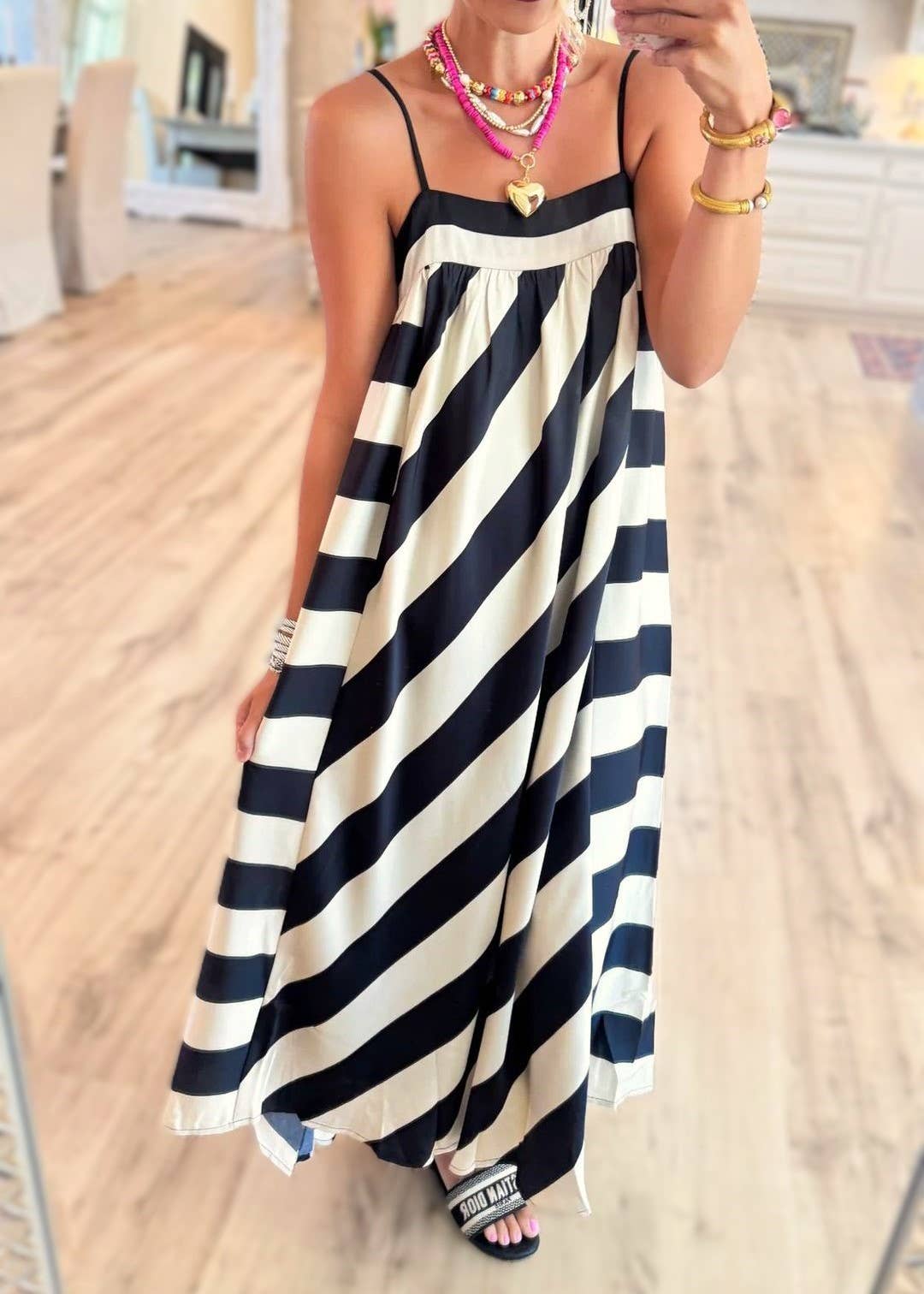 Boho Summer Chic Cream/Black Stripes Maxi Dress