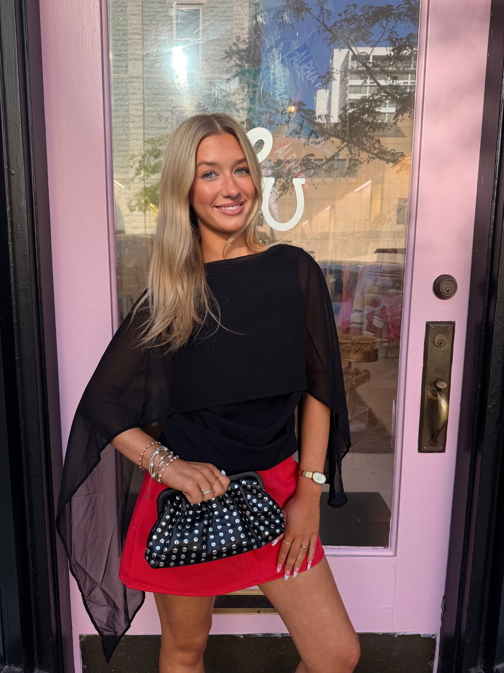 Denim Mid Waist Skort-Red