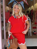 Scalloped Embroidered Crop Top-Red