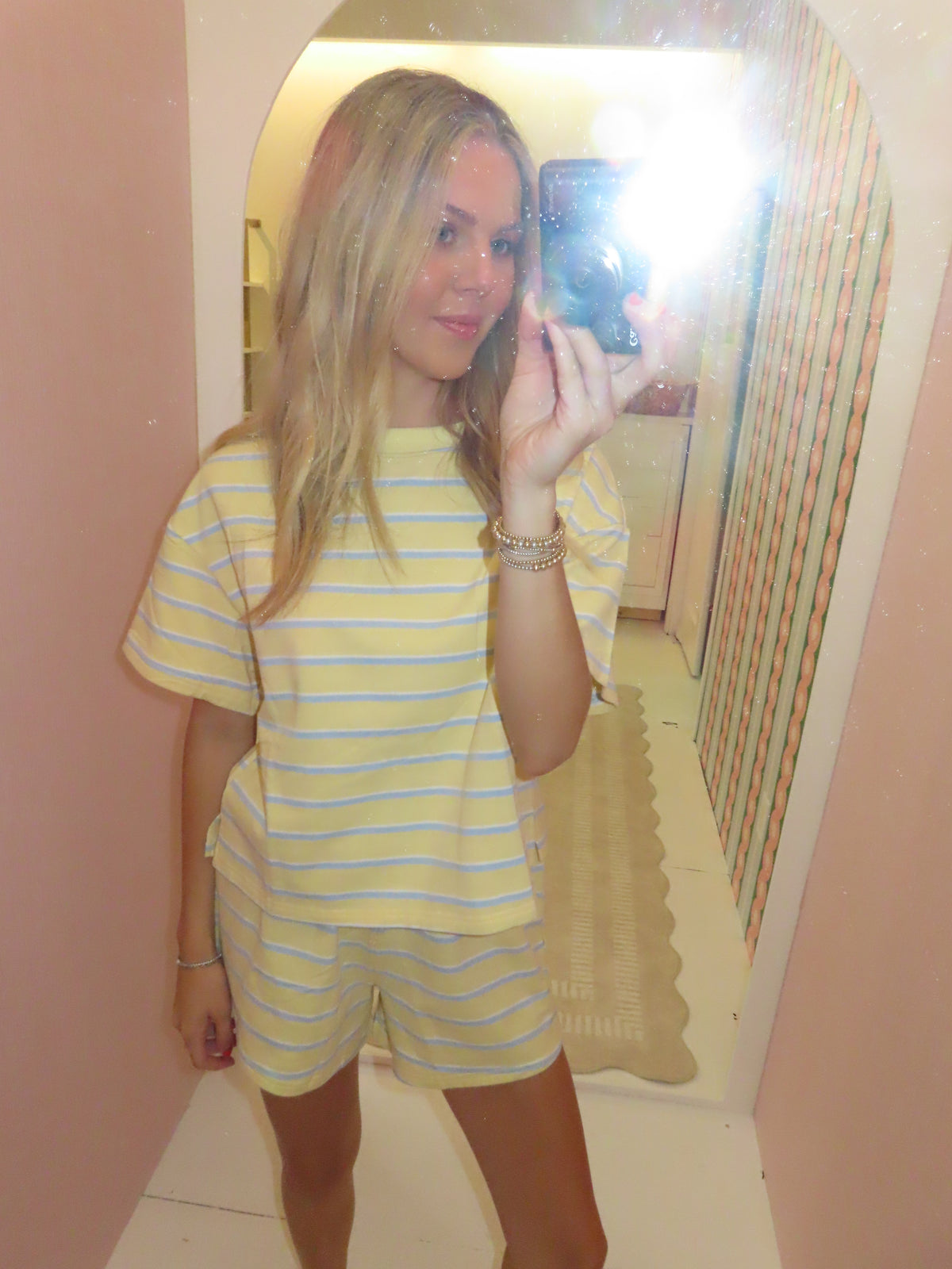 Yellow and Baby Blue Stripe Short Sleeve Top