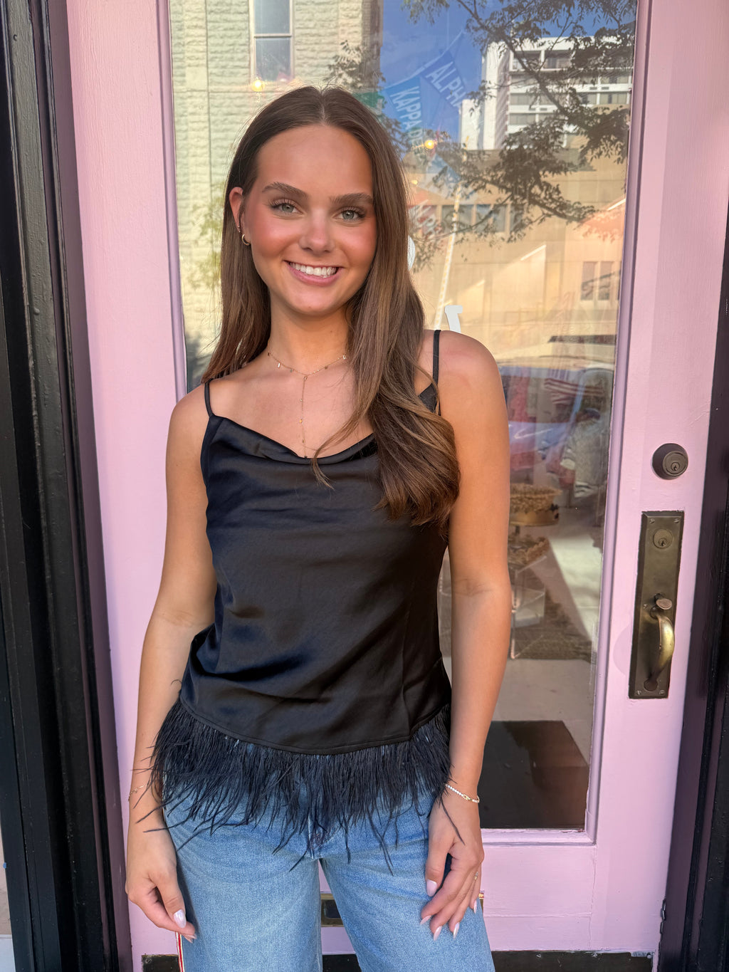 Black cami top with feather bottom