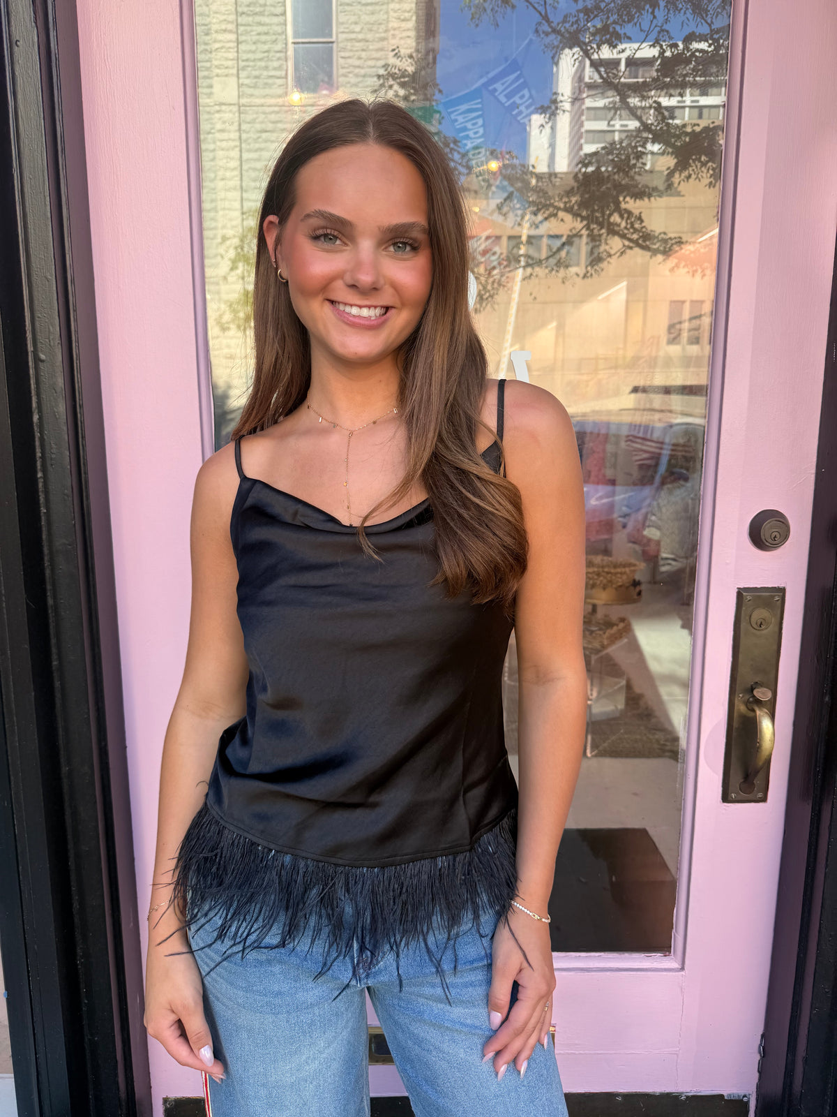 Black cami top with feather bottom