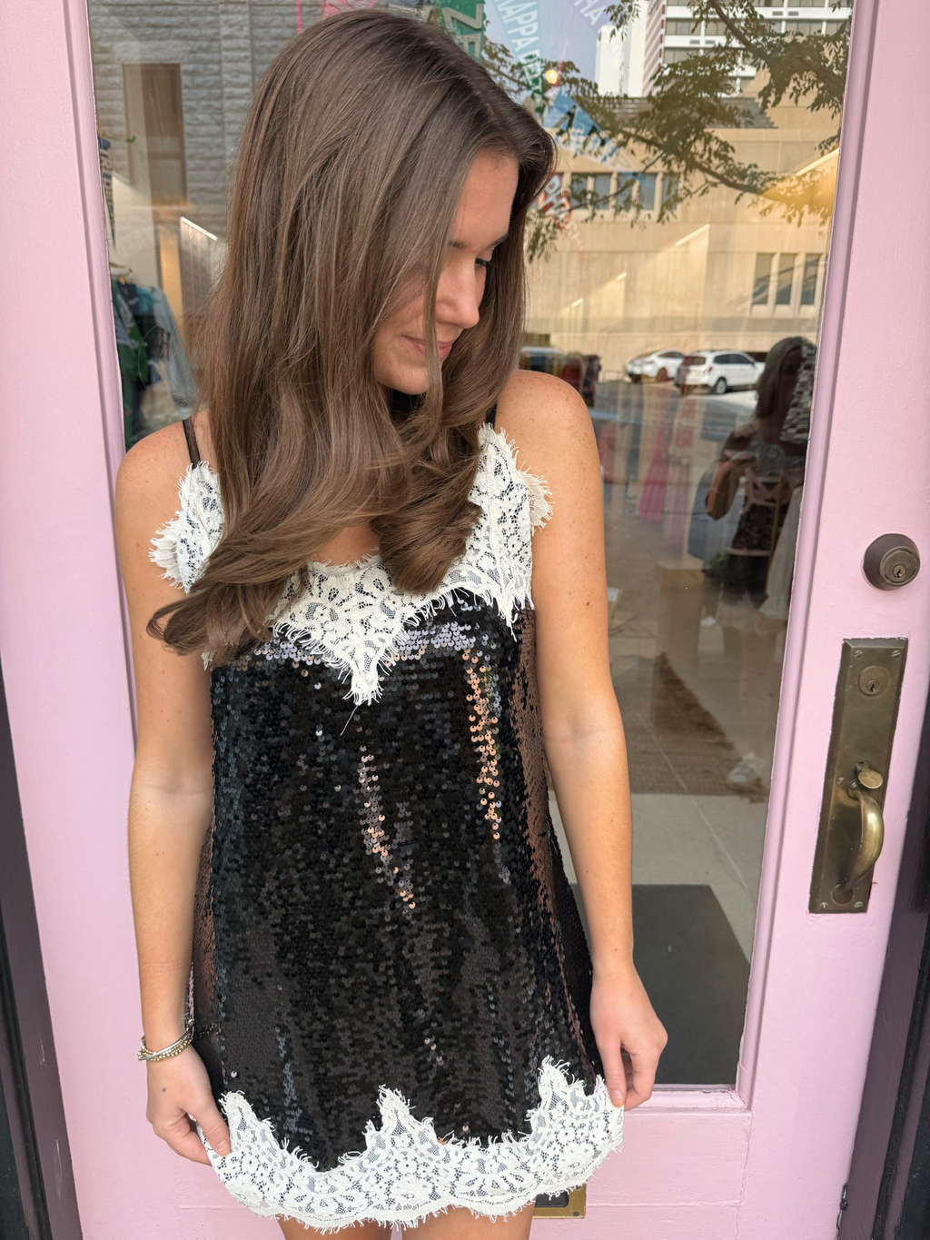 Sequin Mini Dress With Off-white Lace