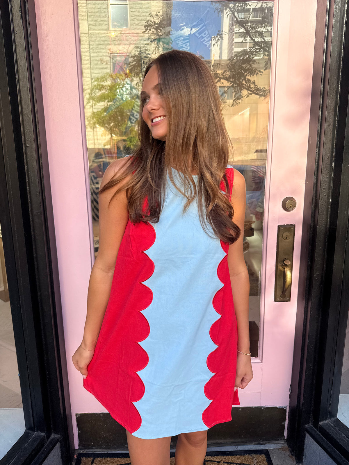 Sleeveless Dress w/Scalloped Detail-Lt Blue/Red