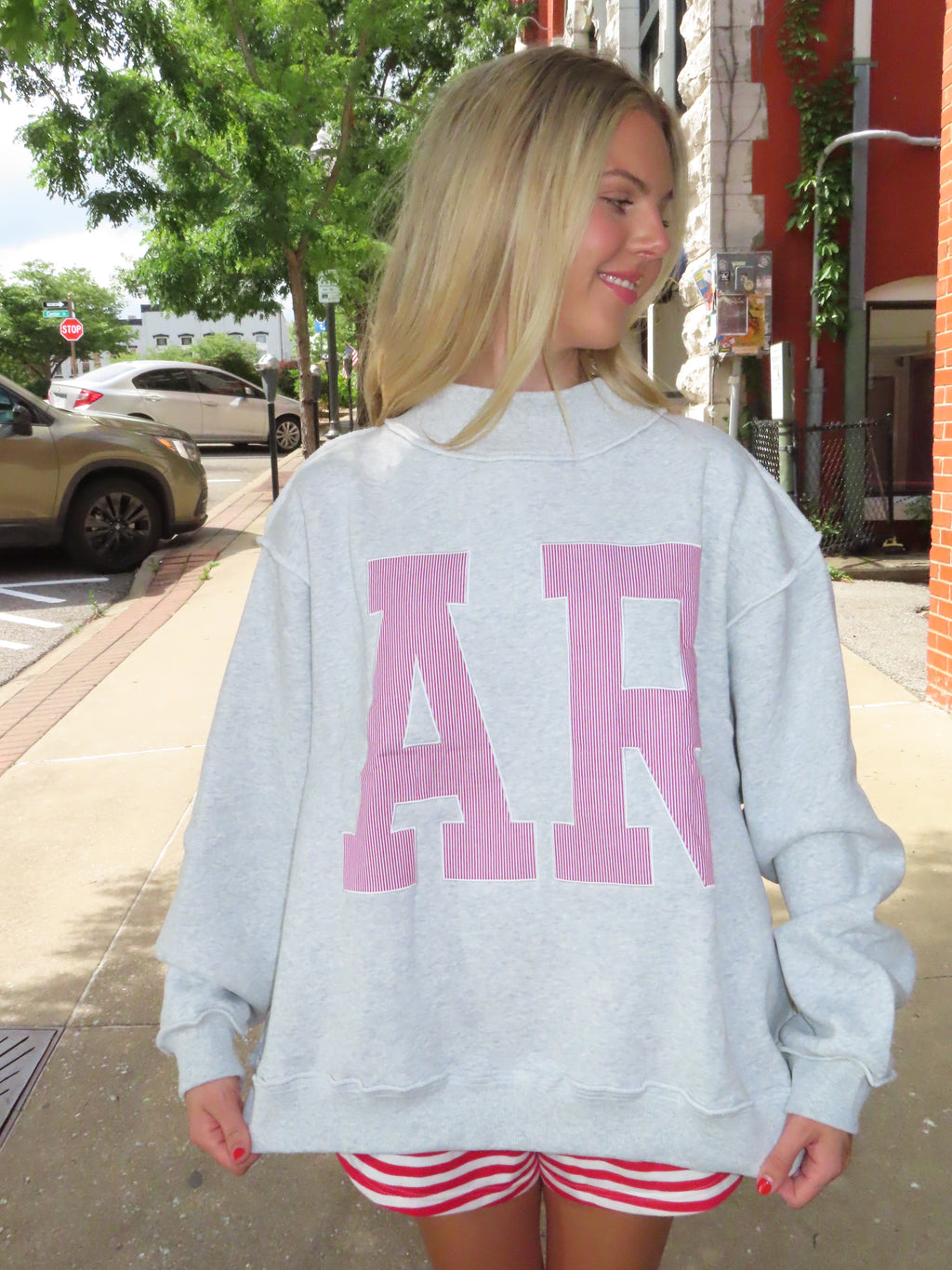 AR Red and White Stripe Grey Crewneck