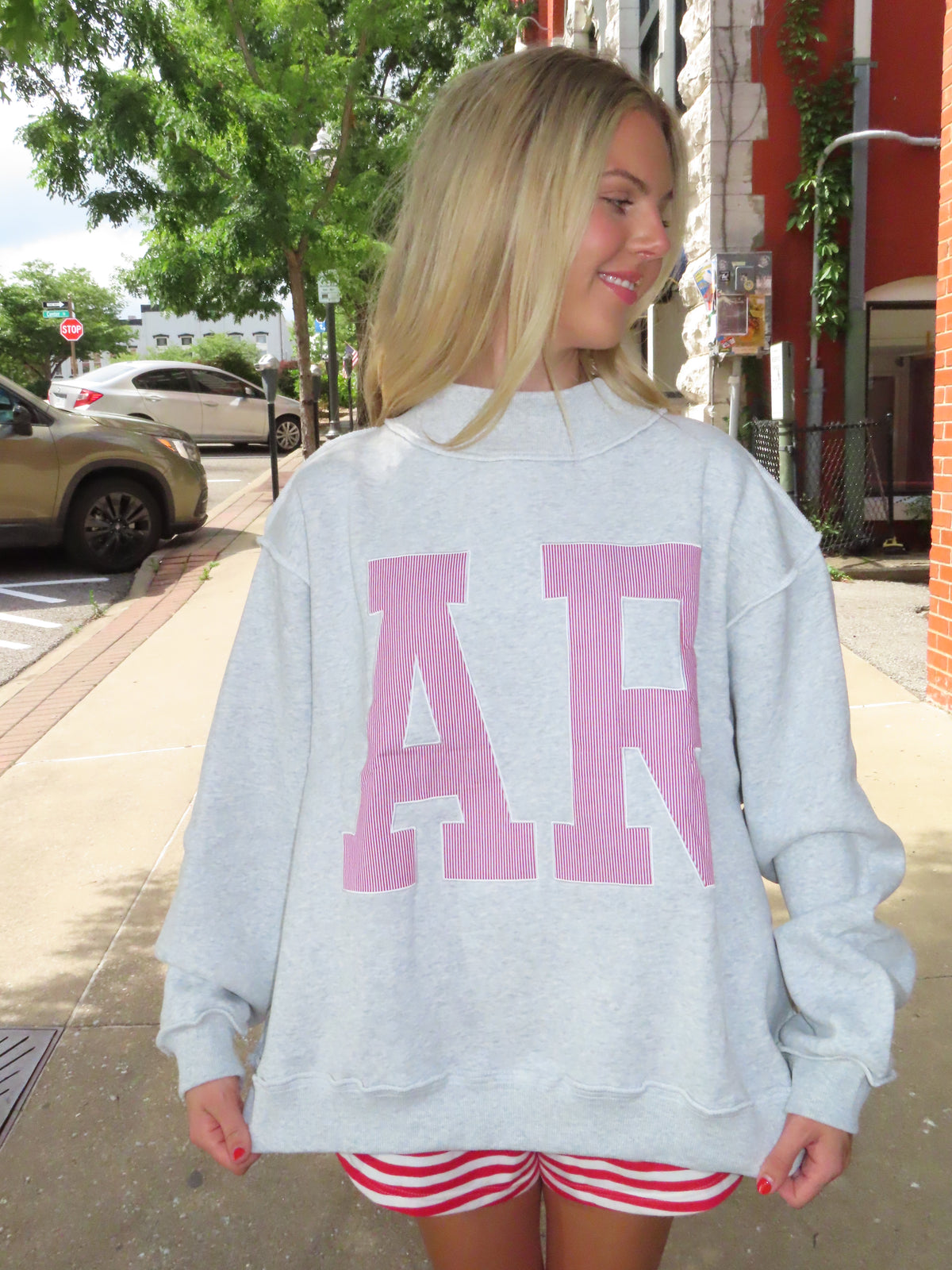 AR Red and White Stripe Grey Crewneck