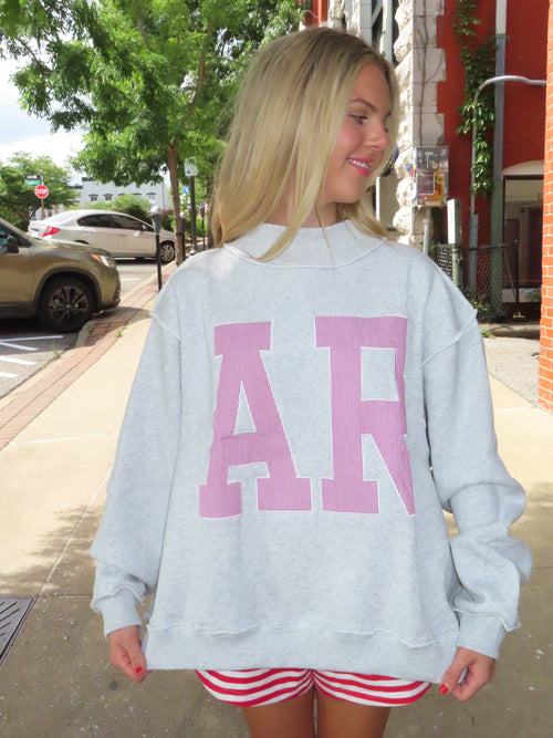 AR Red and White Stripe Grey Crewneck