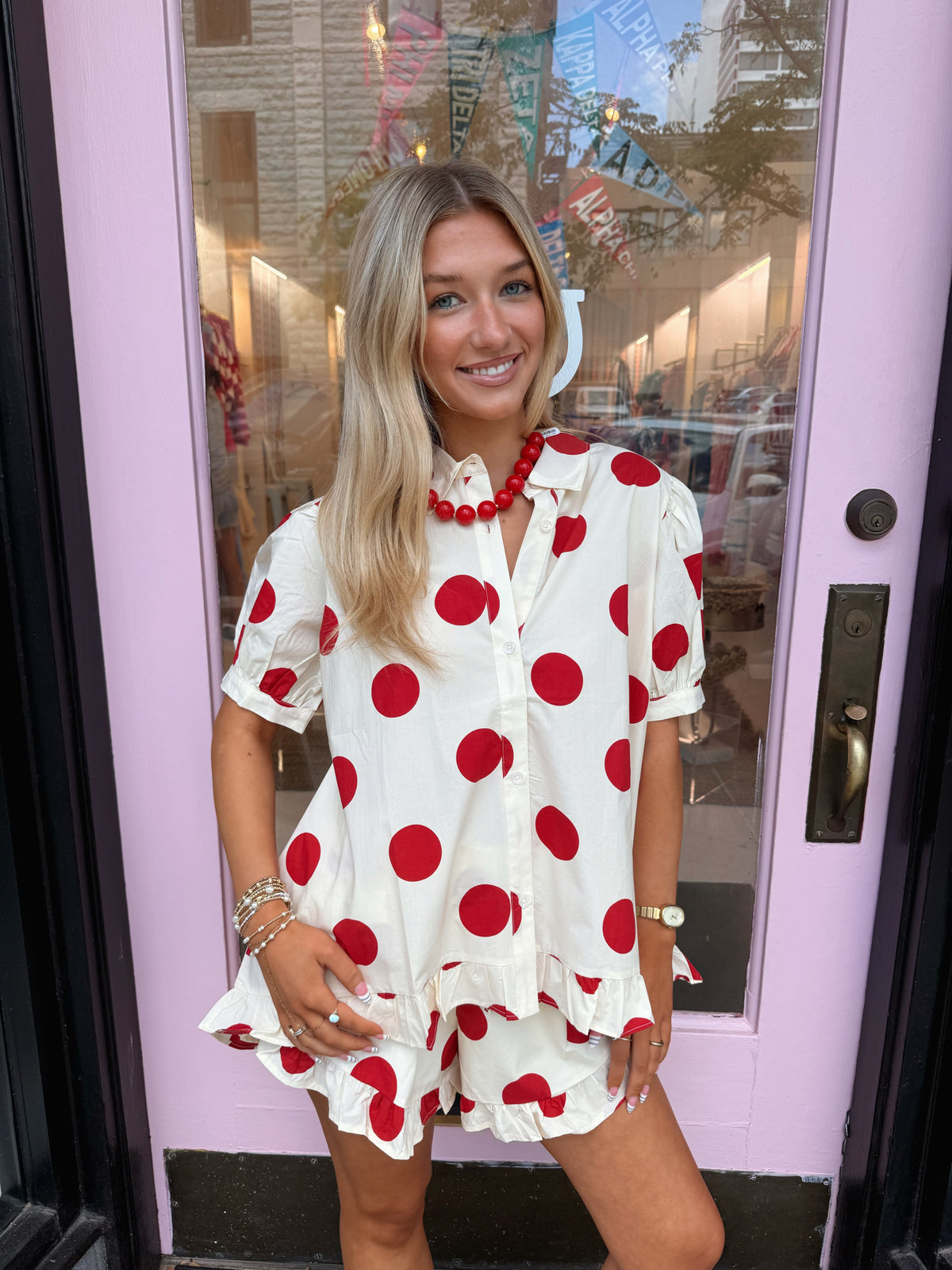 Cream and Red Polkadot Ruffle Set