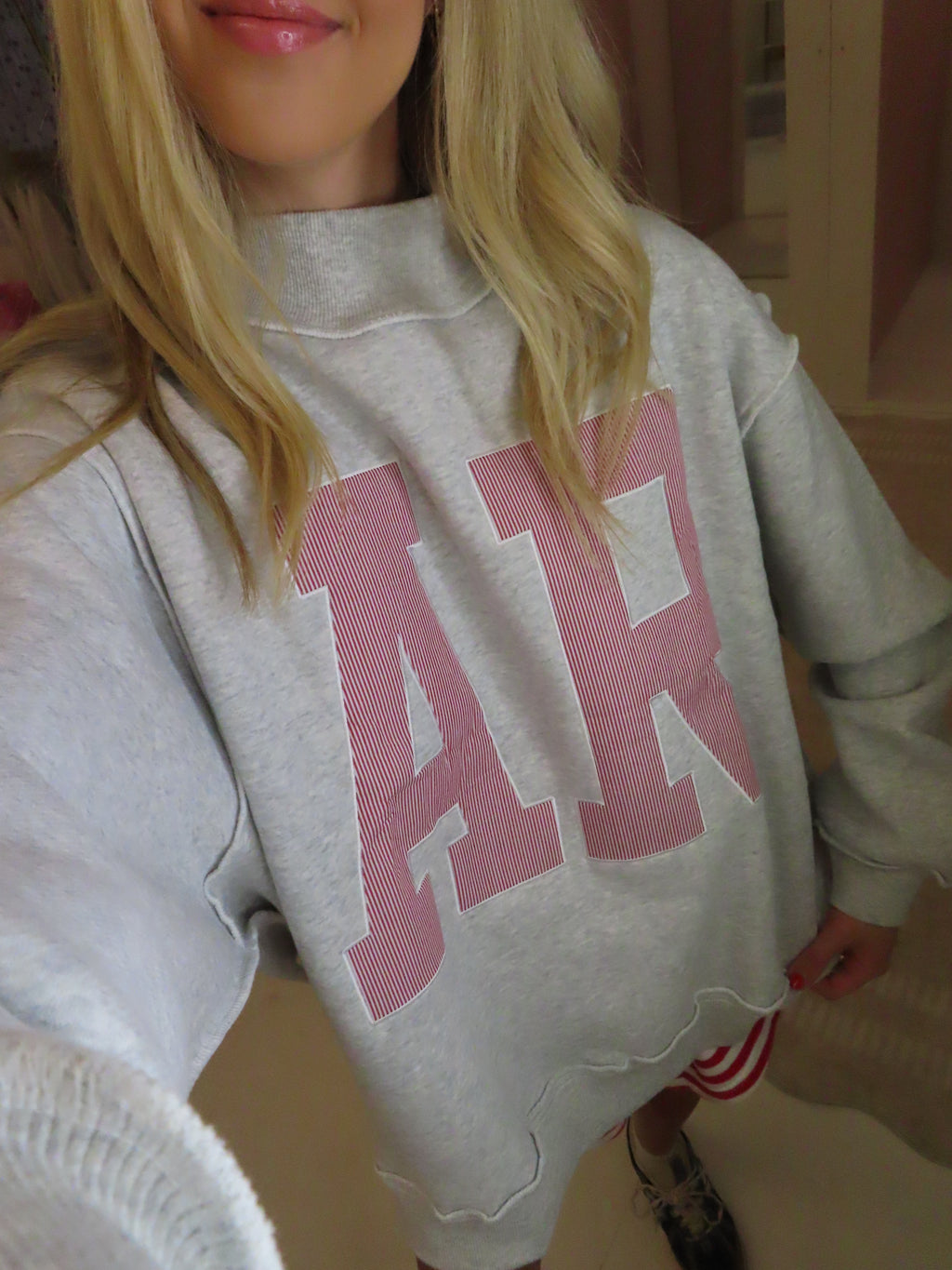 AR Red and White Stripe Grey Crewneck