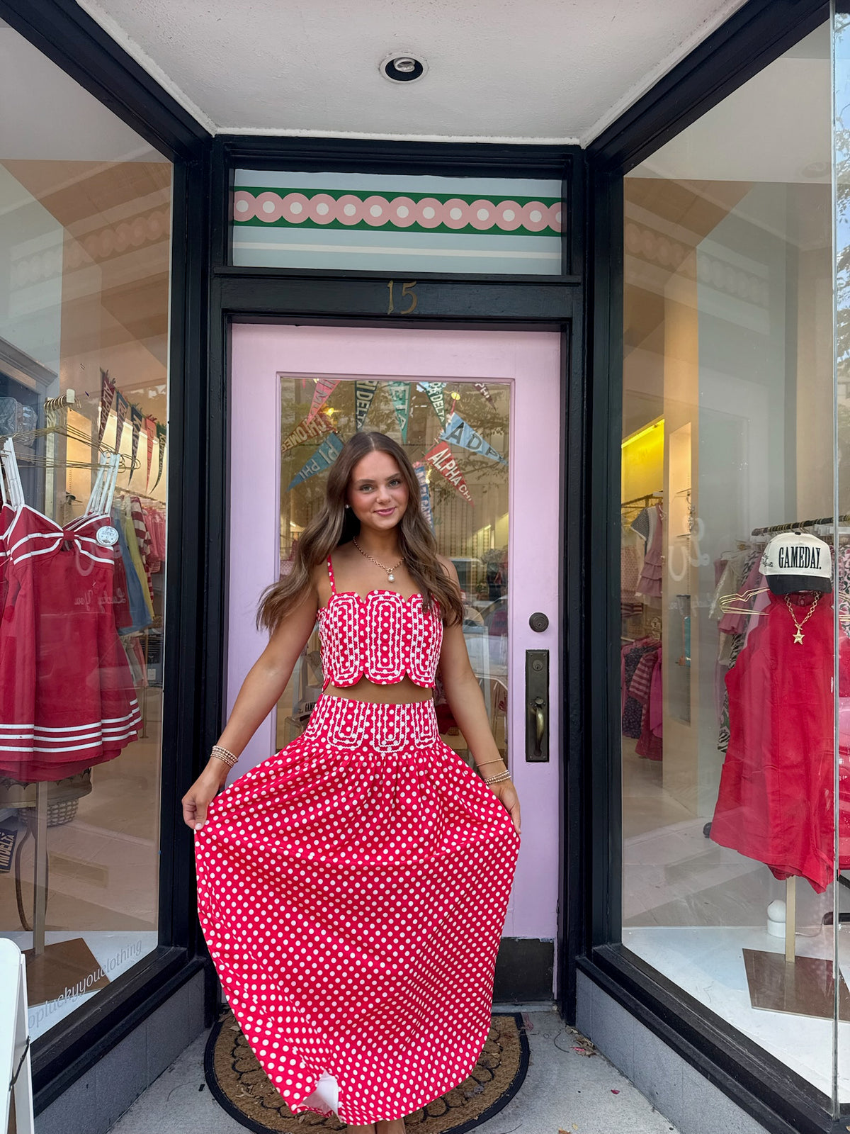 Crop Top and Polkadot Maxi Skirt Set