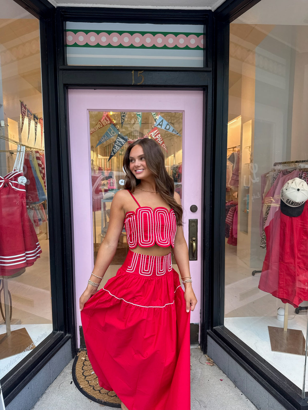 Red and White Skirt Set