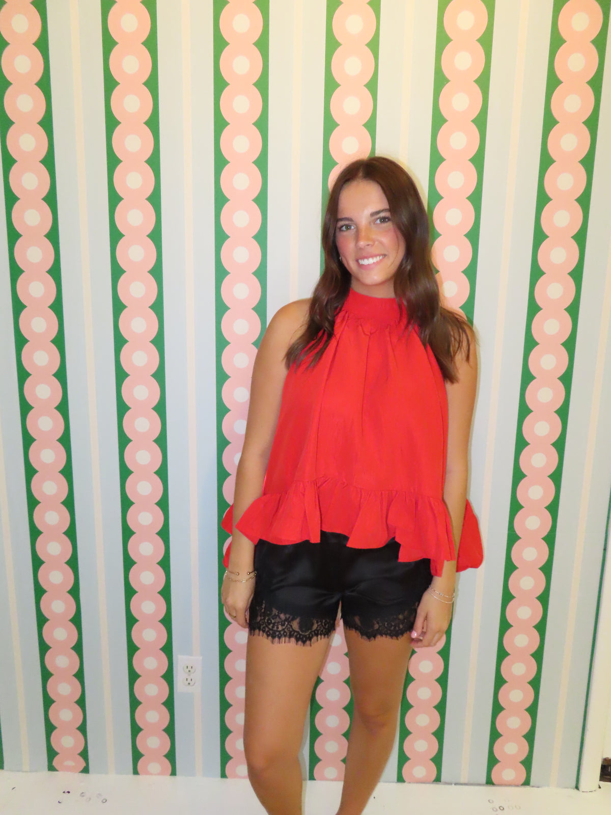 High Neck Ruffle Tie Top