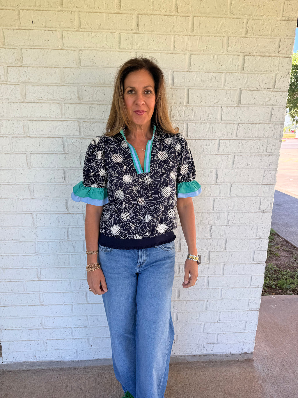 Color Block Ruffle Sleeve Floral Eyelet Top