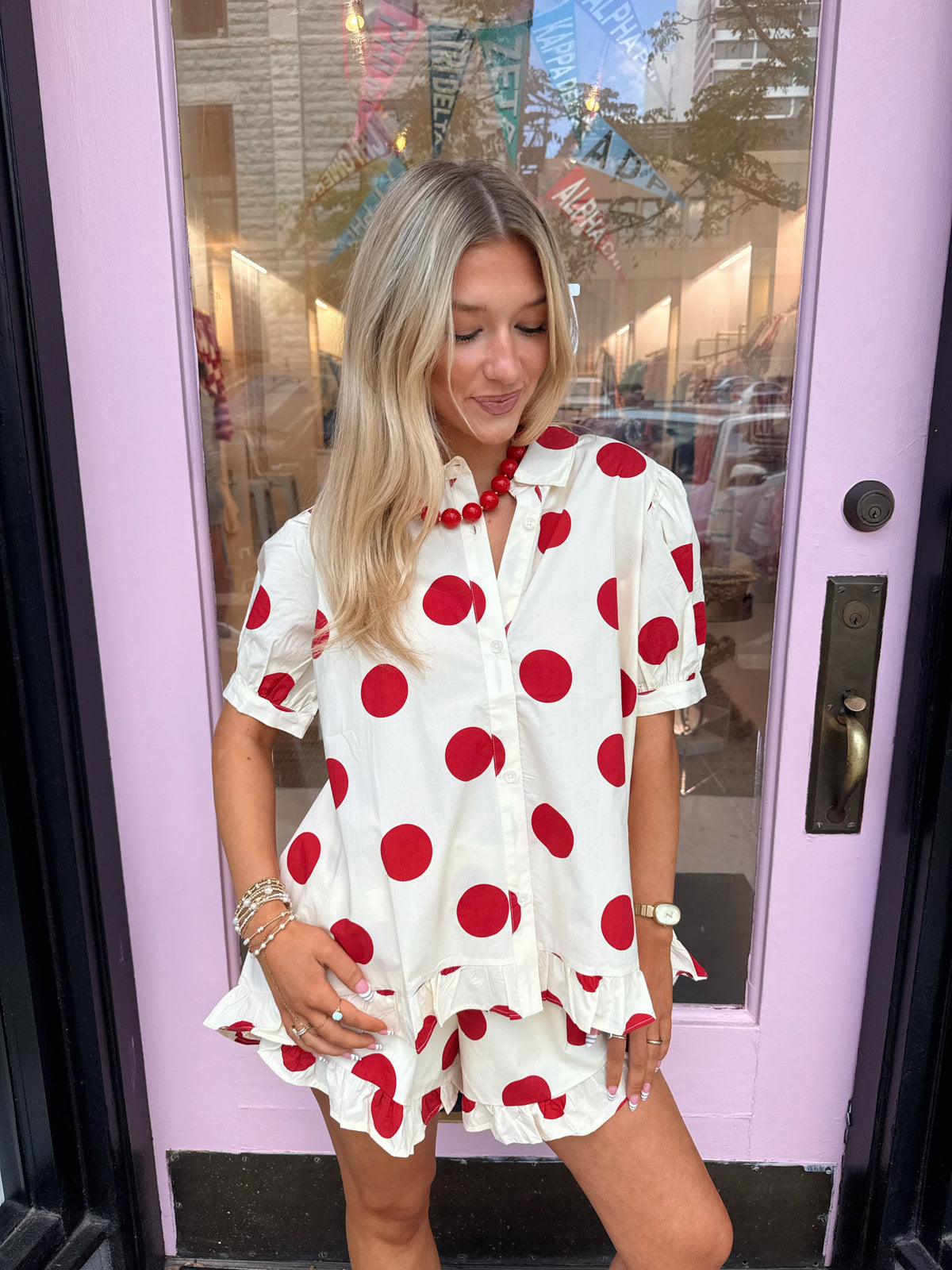 Cream and Red Polkadot Ruffle Set
