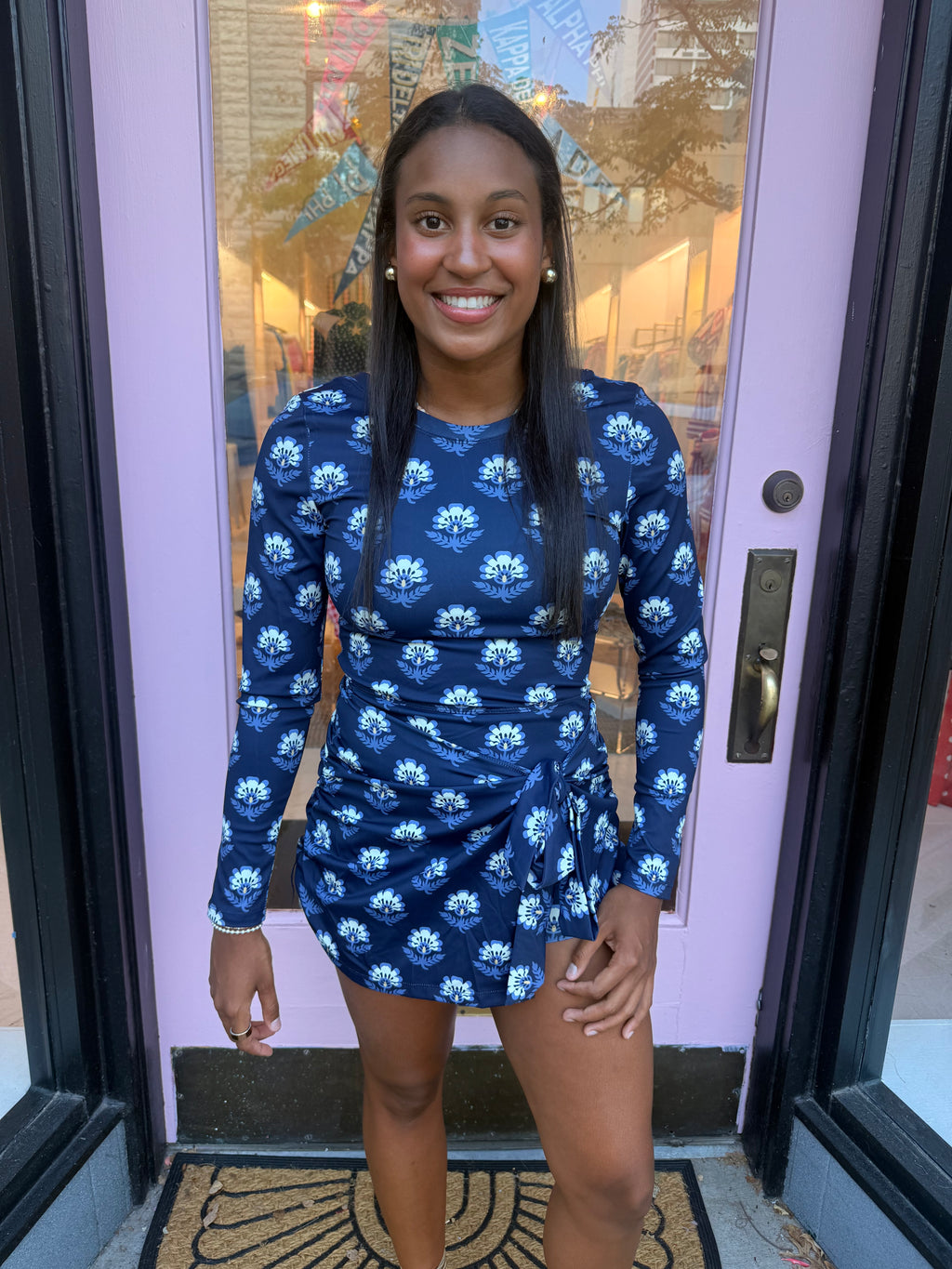 Long sleeve navy floral workout dress