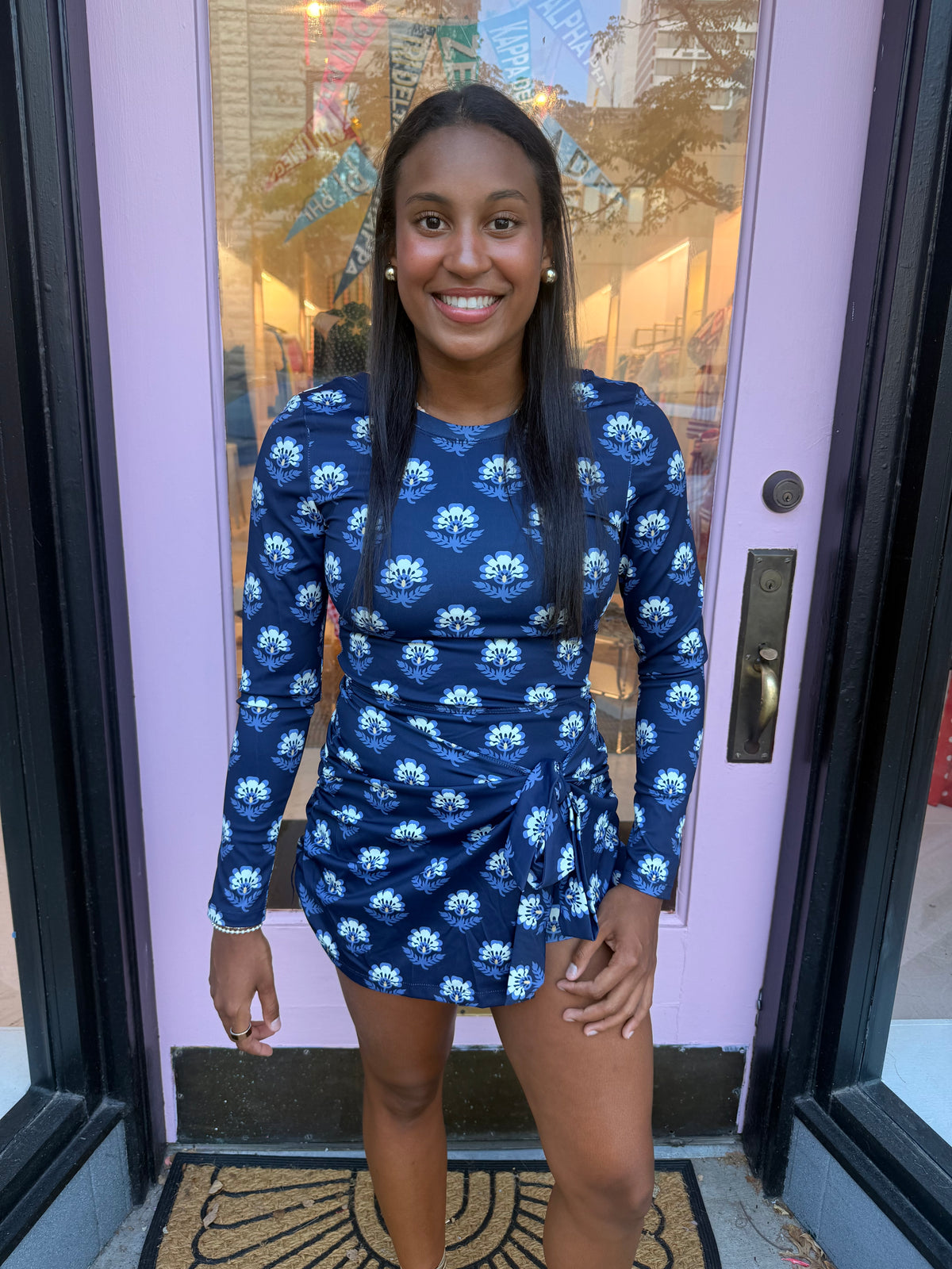 Long sleeve navy floral workout dress