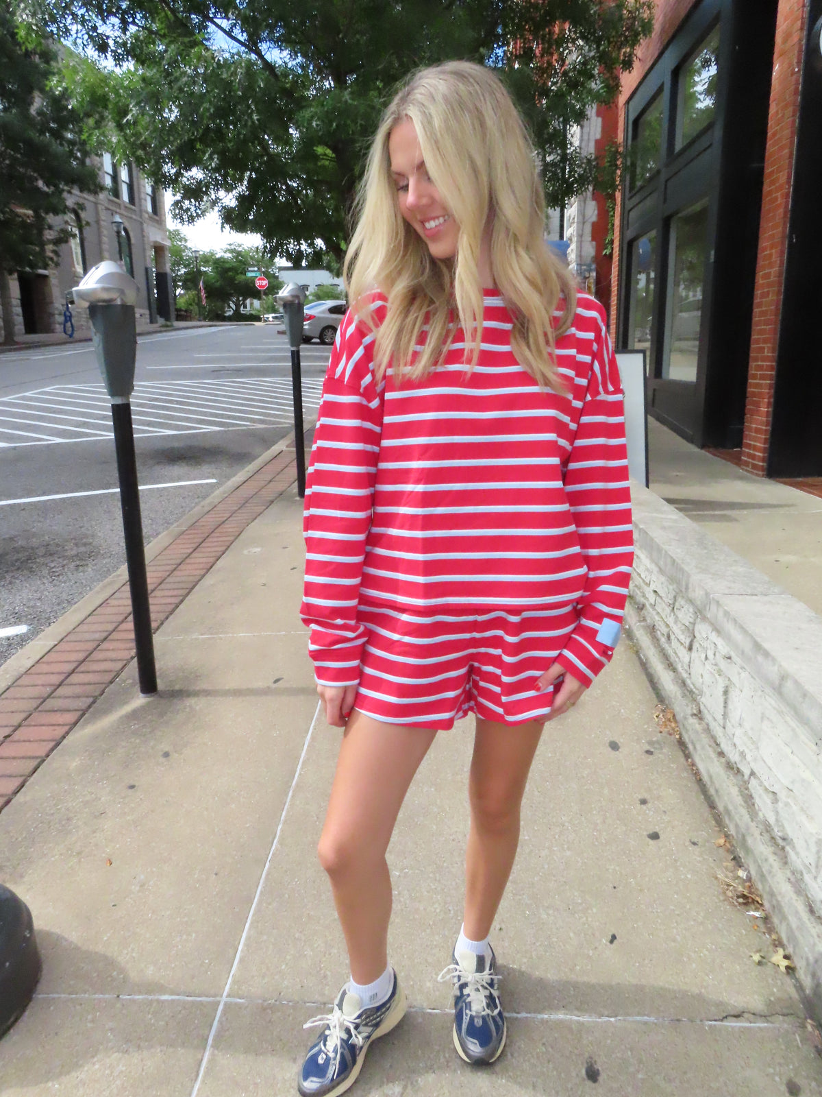 Red and Babyblue Stripe Long Sleeve Top