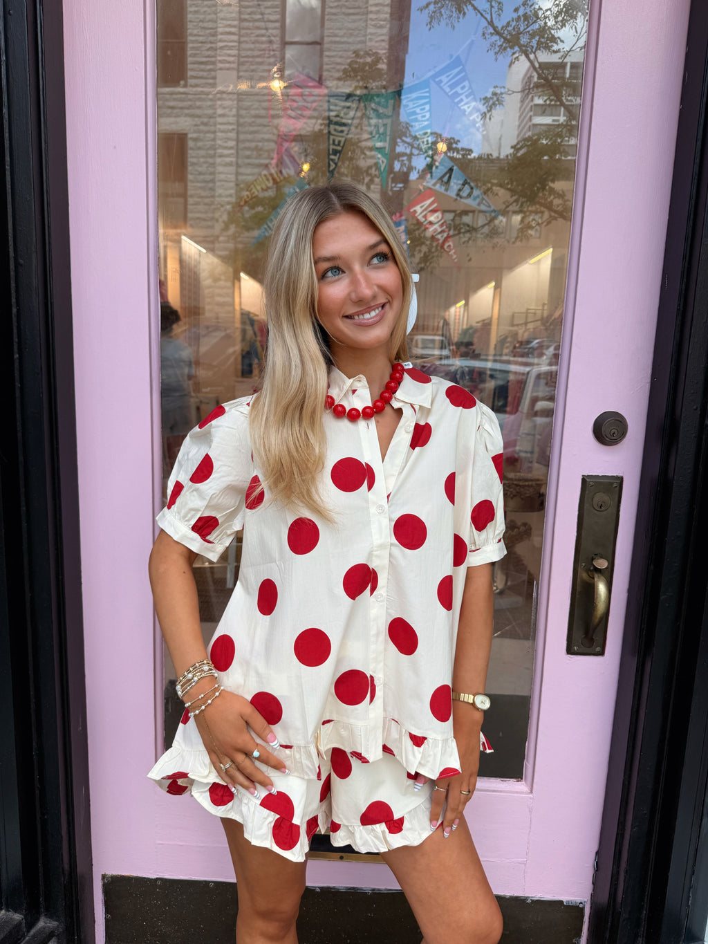 Cream and Red Polkadot Ruffle Set