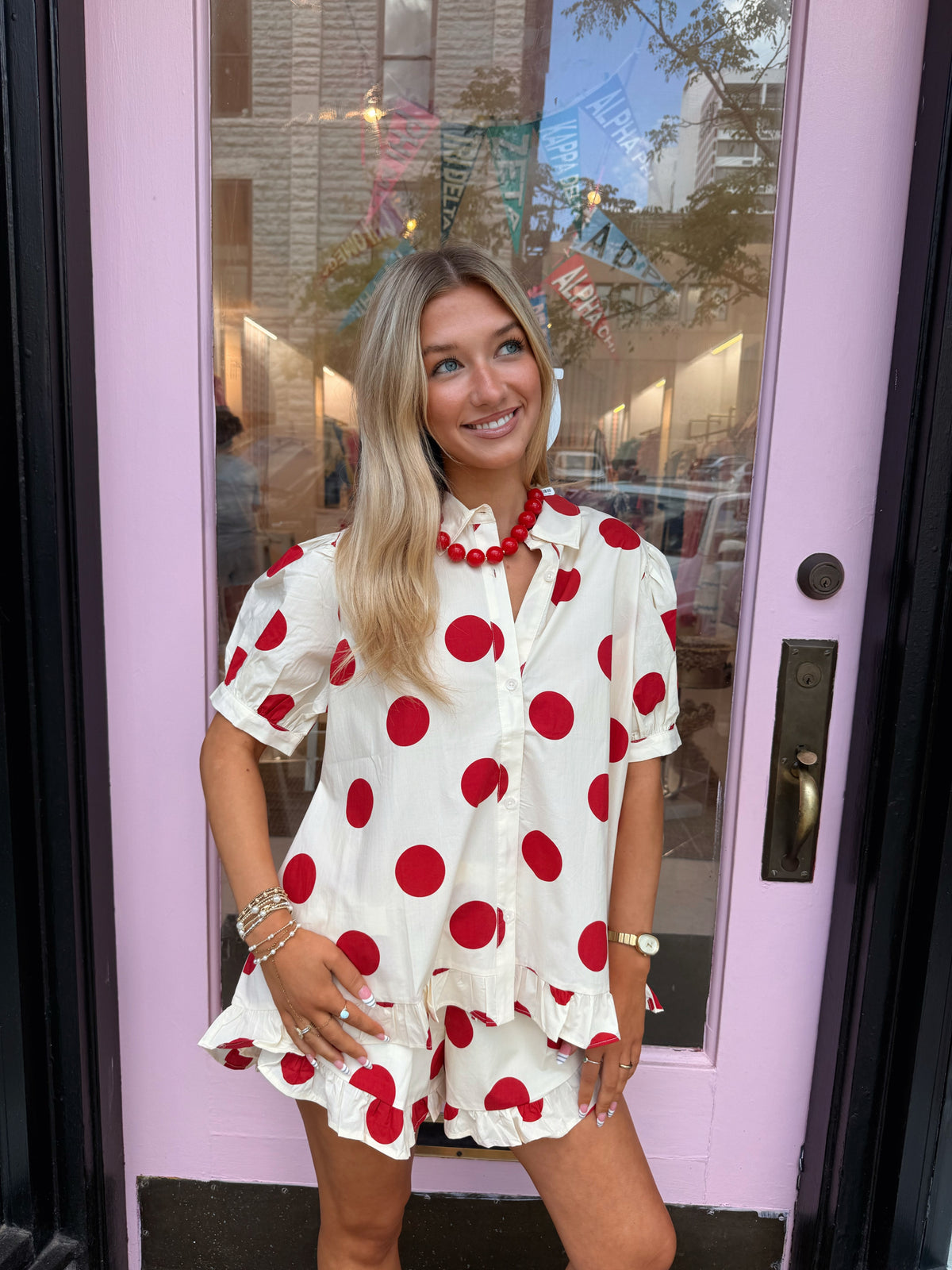 Cream and Red Polkadot Ruffle Set