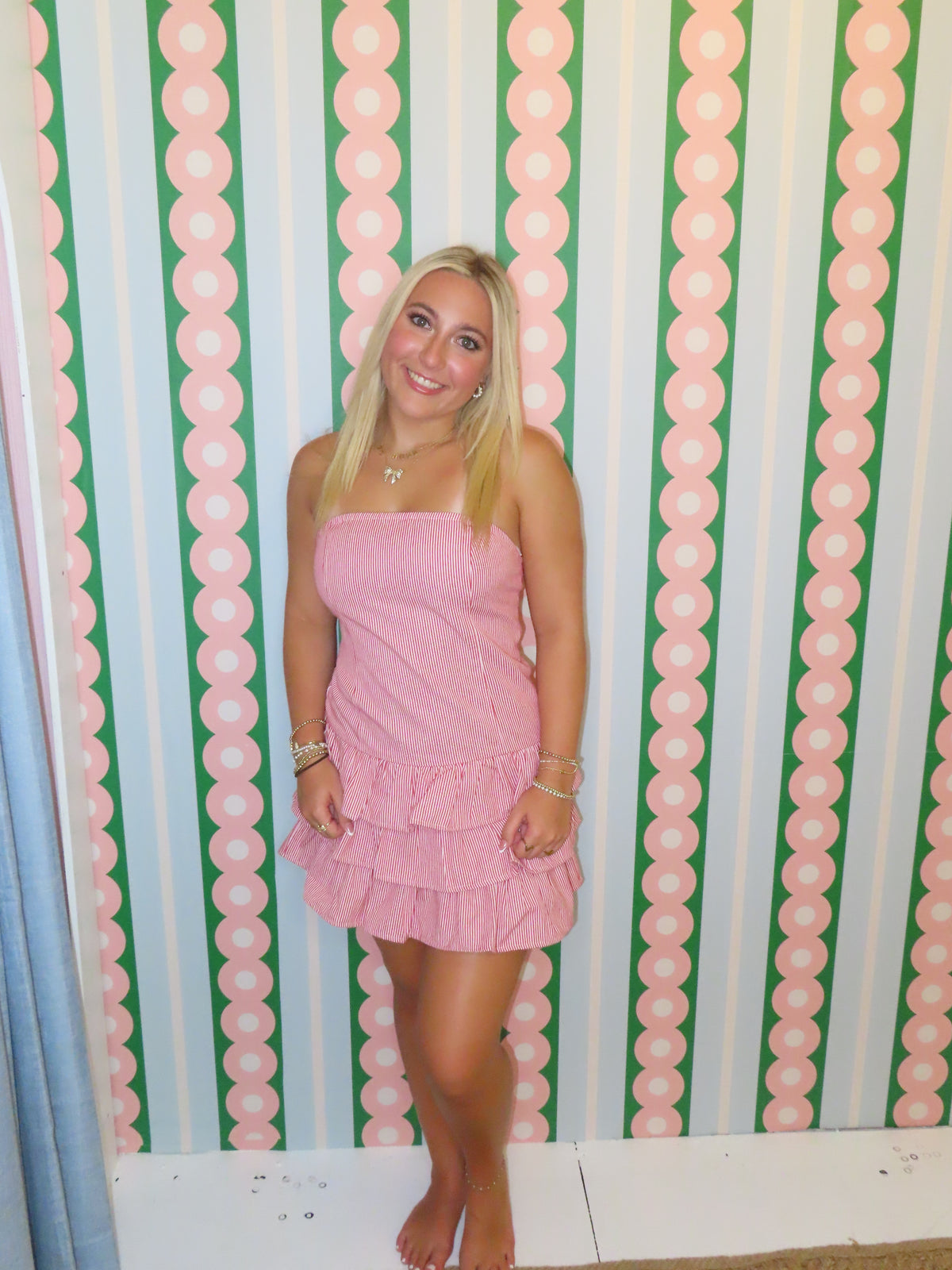Strapless Red and White Ruffle Dress