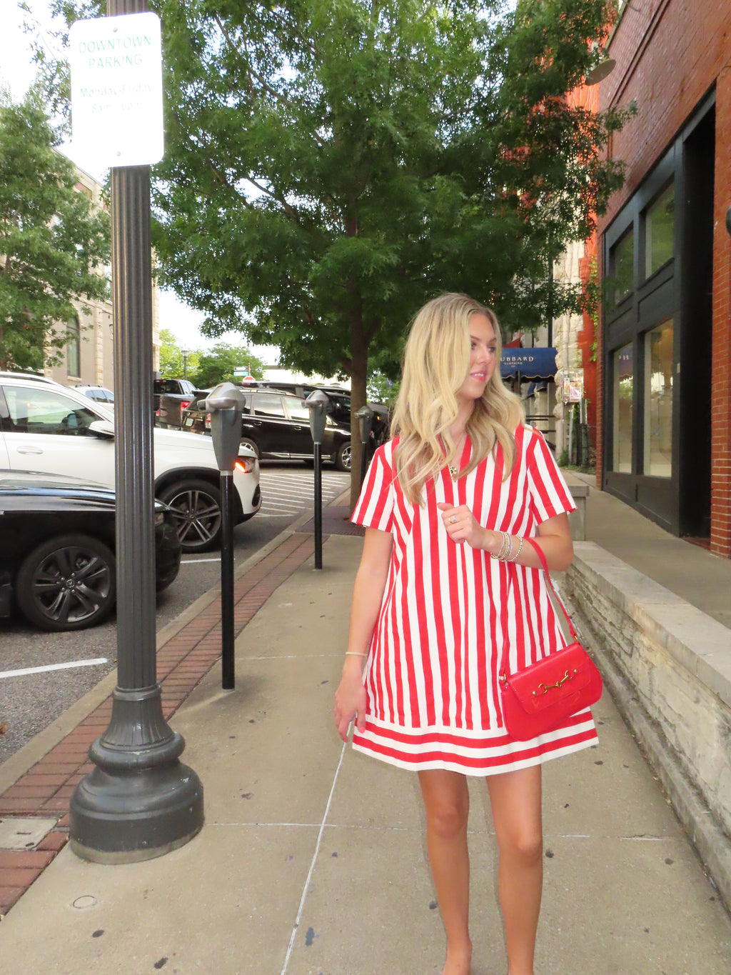 Red and White Stripe Shirt Dress