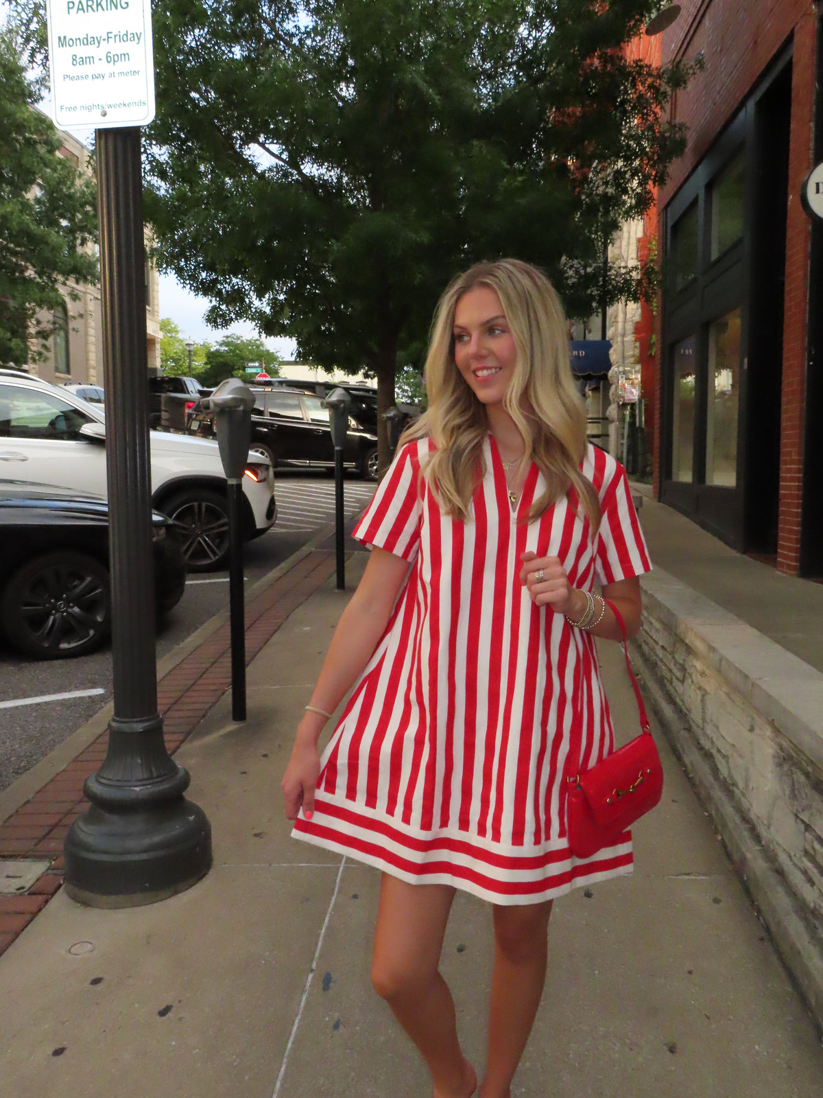 Red and White Stripe Shirt Dress
