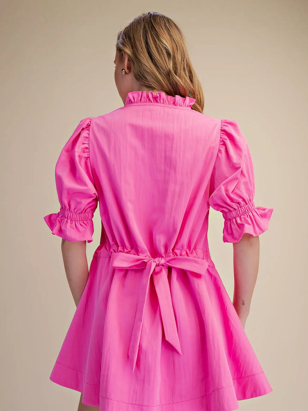 Mini Dress with Ruffle V-Neck Puff Sleeve Back Tie